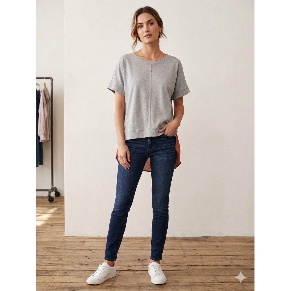 Oddi Mixed Media Colorblock Chiffon Back Top Gray Navy Orange M/L